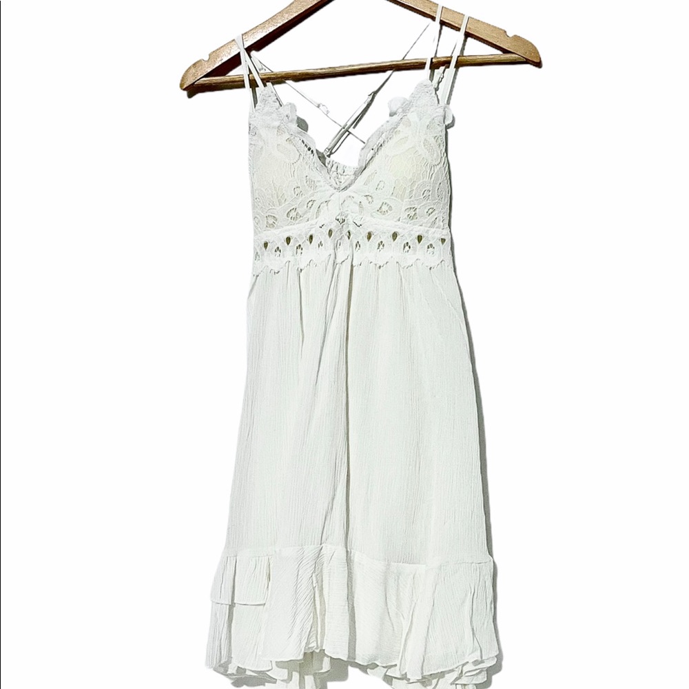 Boho Crochet Top Ruffled Dress (White)